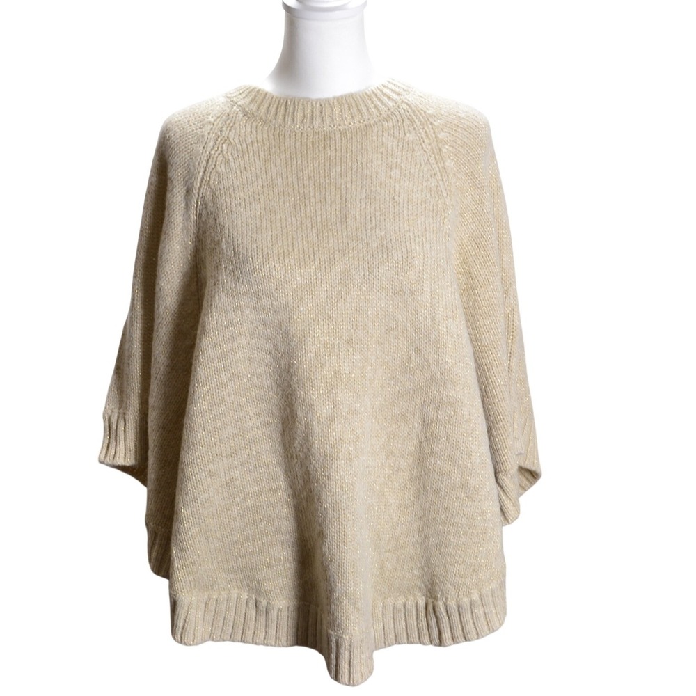 Metallic Oatmeal Knit Sweater Poncho Style Relaxed Fit Minimalist Cozy Wool